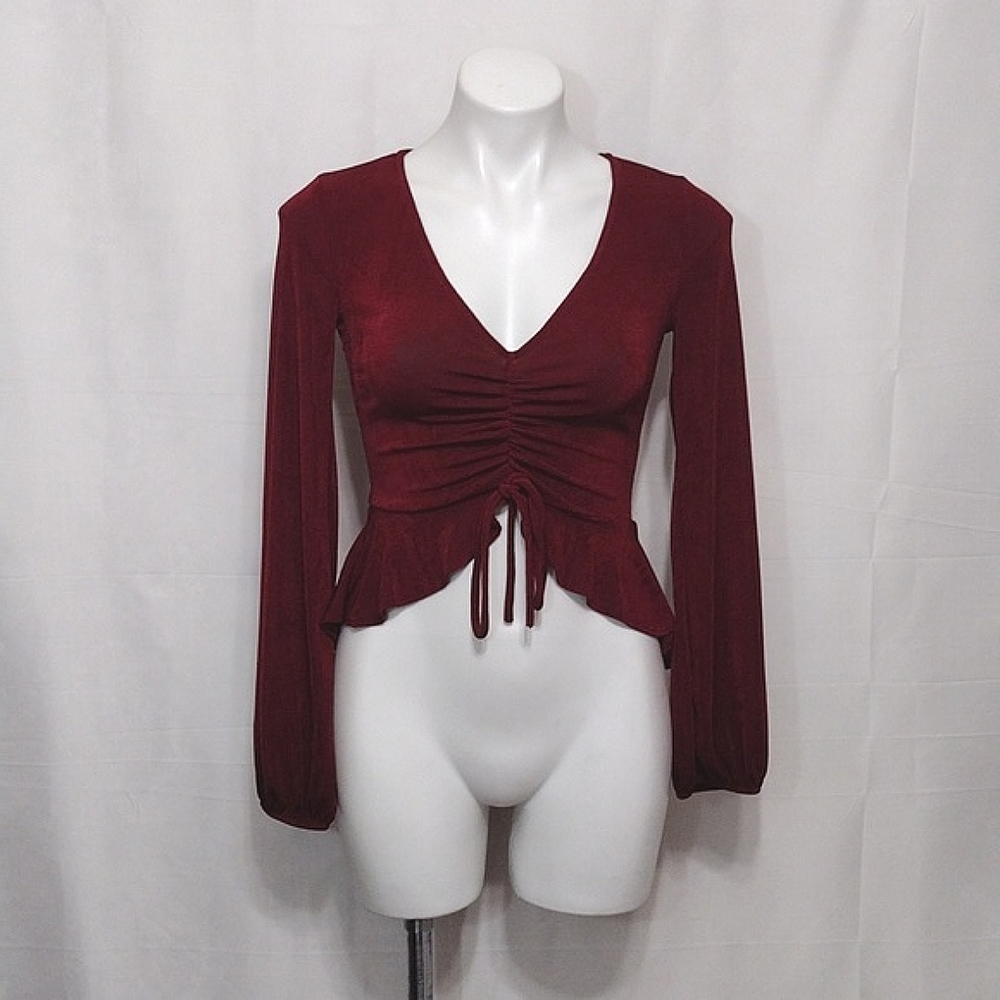 January 7 Ruched Front Peplum Cropped Top Long Sleeve Coquette Romantic Feminine
